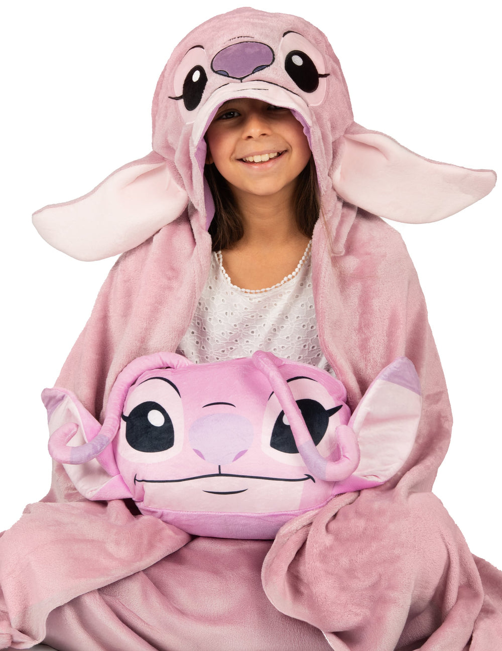 Détail de la capuche et du coussin du déguisement plaid polaire à capuche Angel Lilo & Stitch