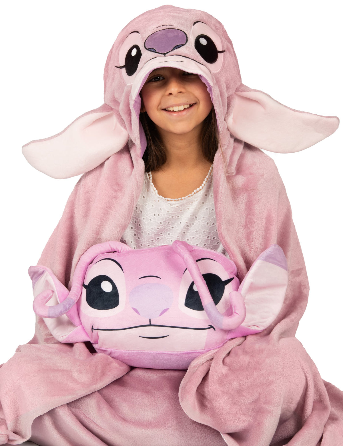 Détail de la capuche et du coussin du déguisement plaid polaire à capuche Angel Lilo & Stitch