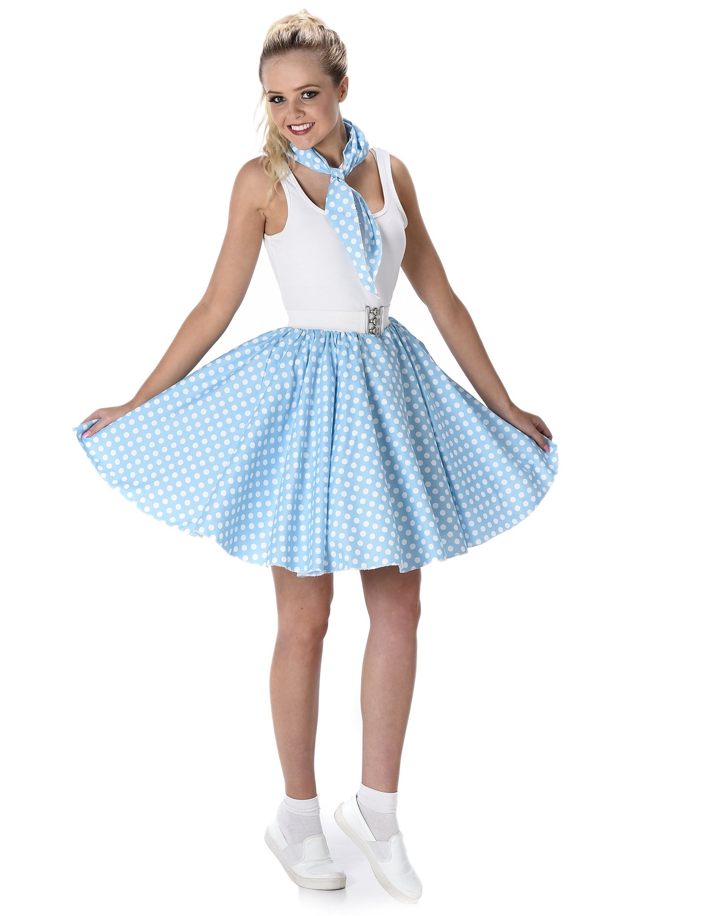 Dámský světle modrý puntíkovaný kostým z 50. let