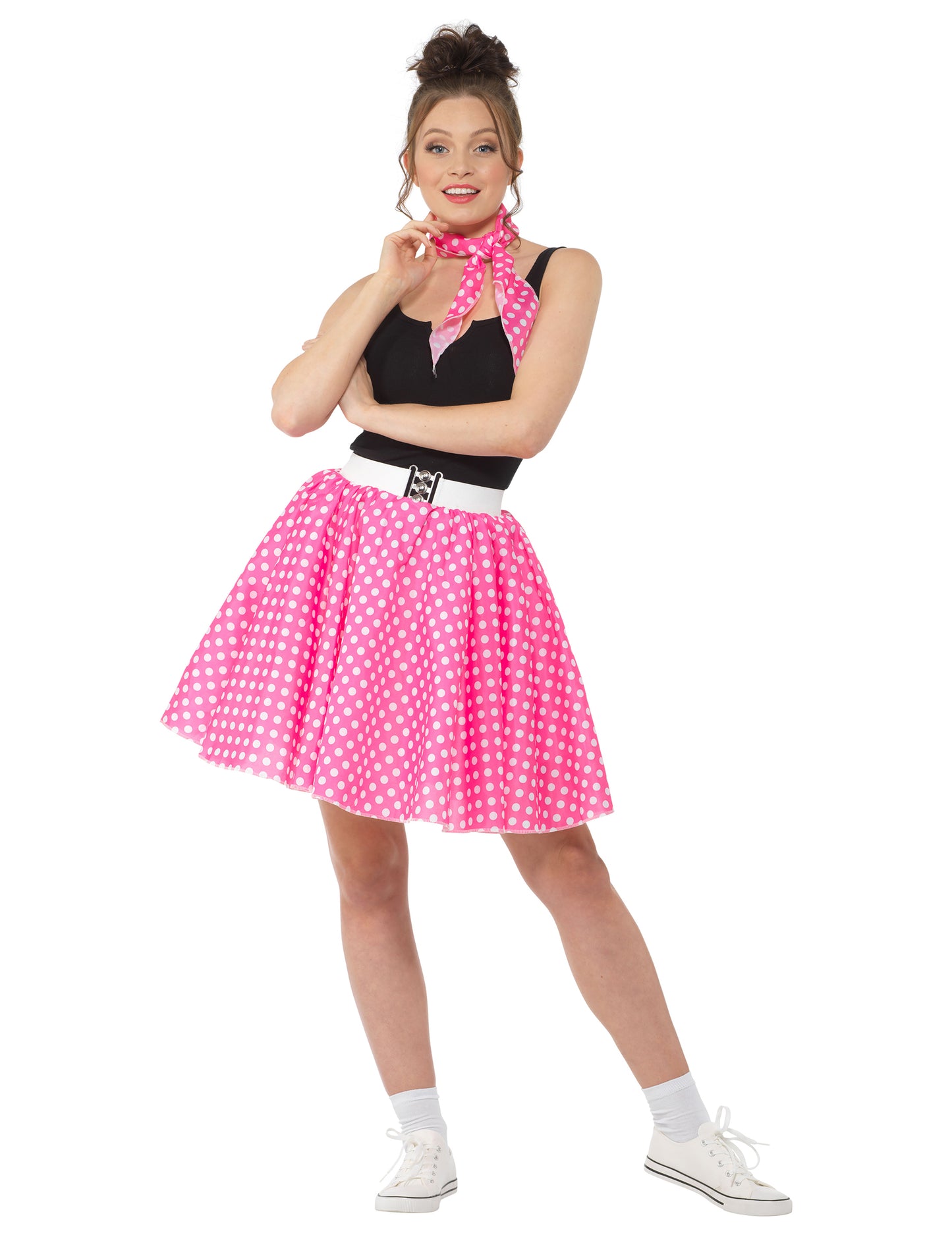 Dámský růžový puntíkovaný kostým z 50. let