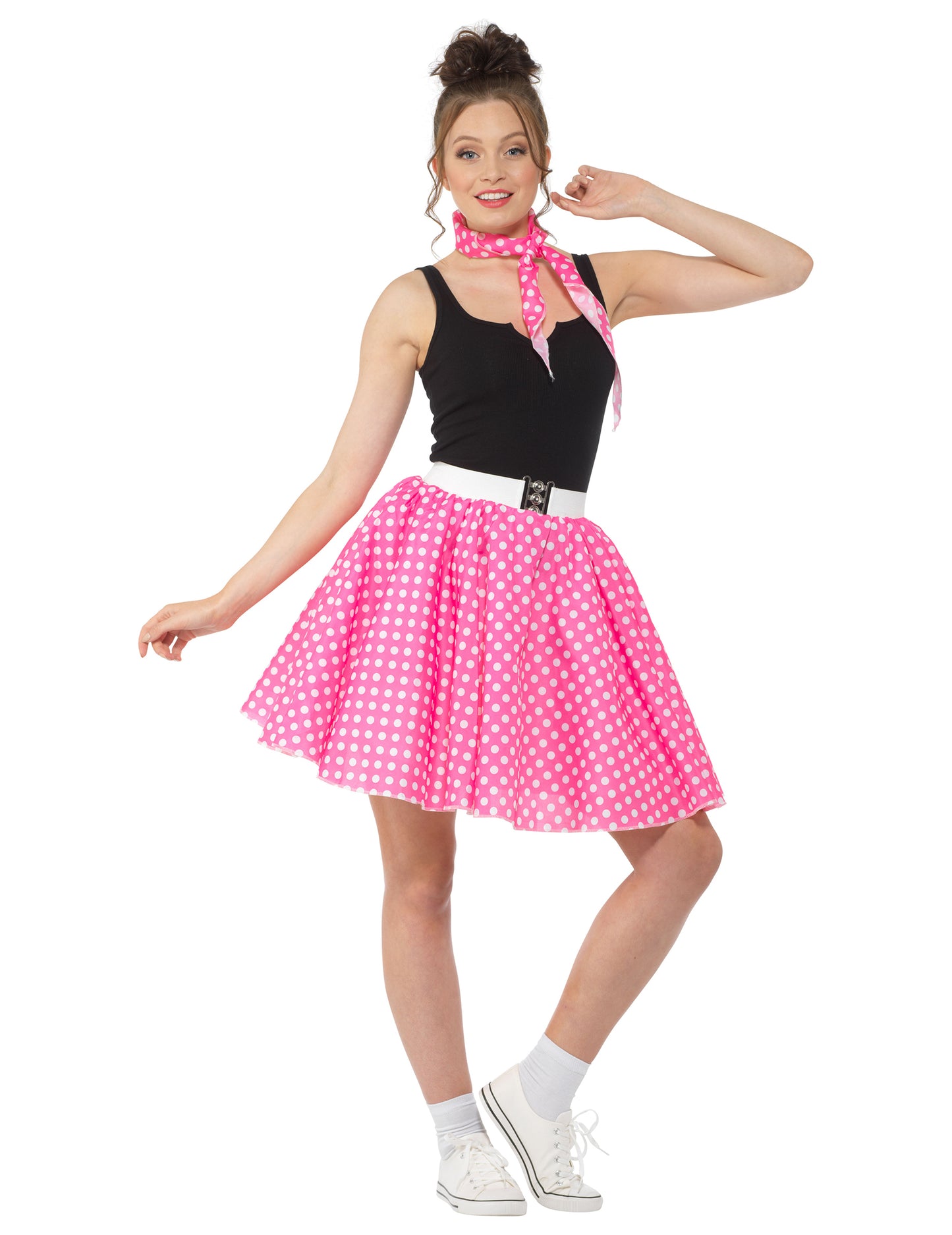 Dámský růžový puntíkovaný kostým z 50. let