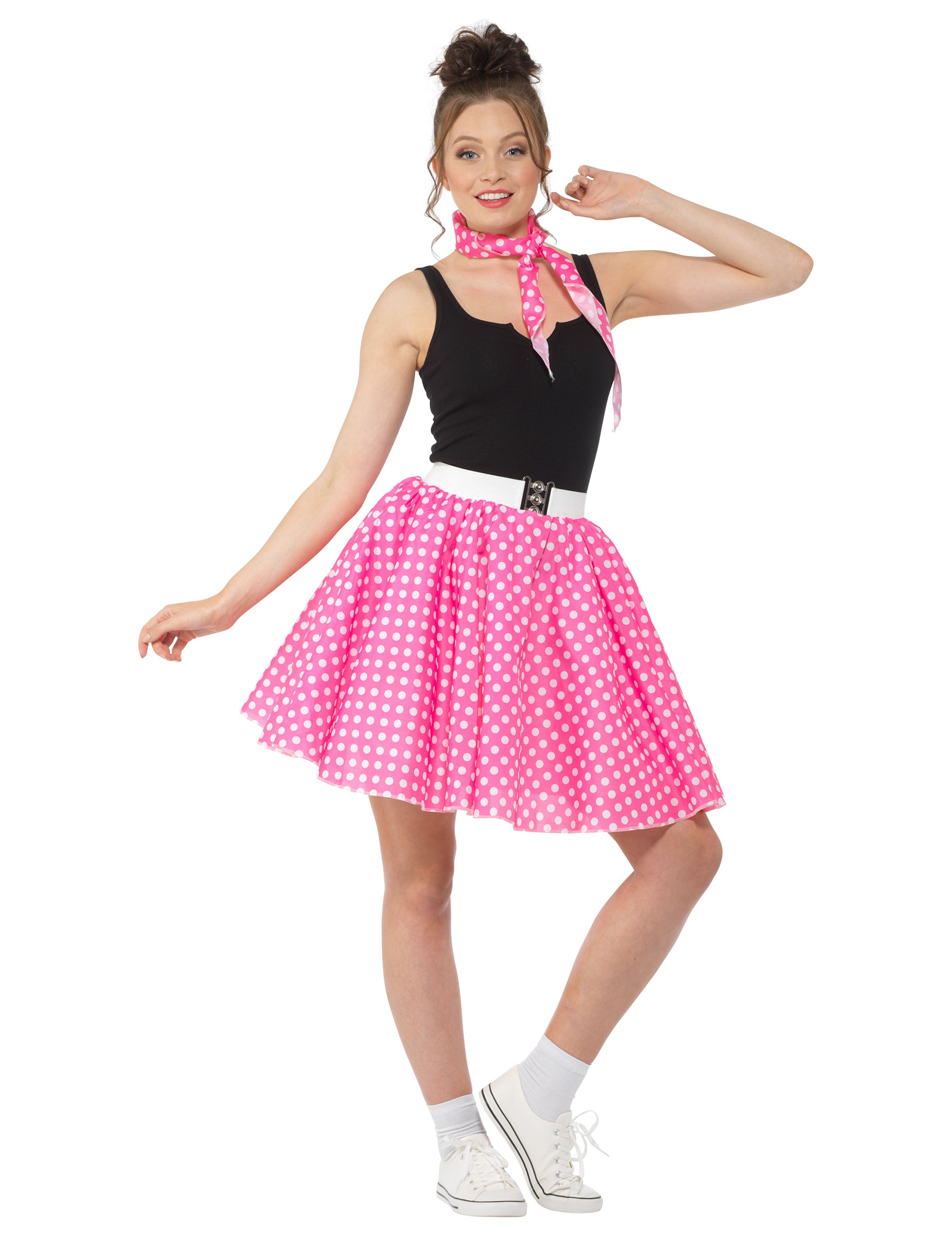 Vue de face du déguisement années 50 pour femme rose à pois