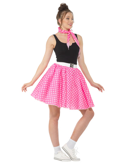 Dámský růžový puntíkovaný kostým z 50. let