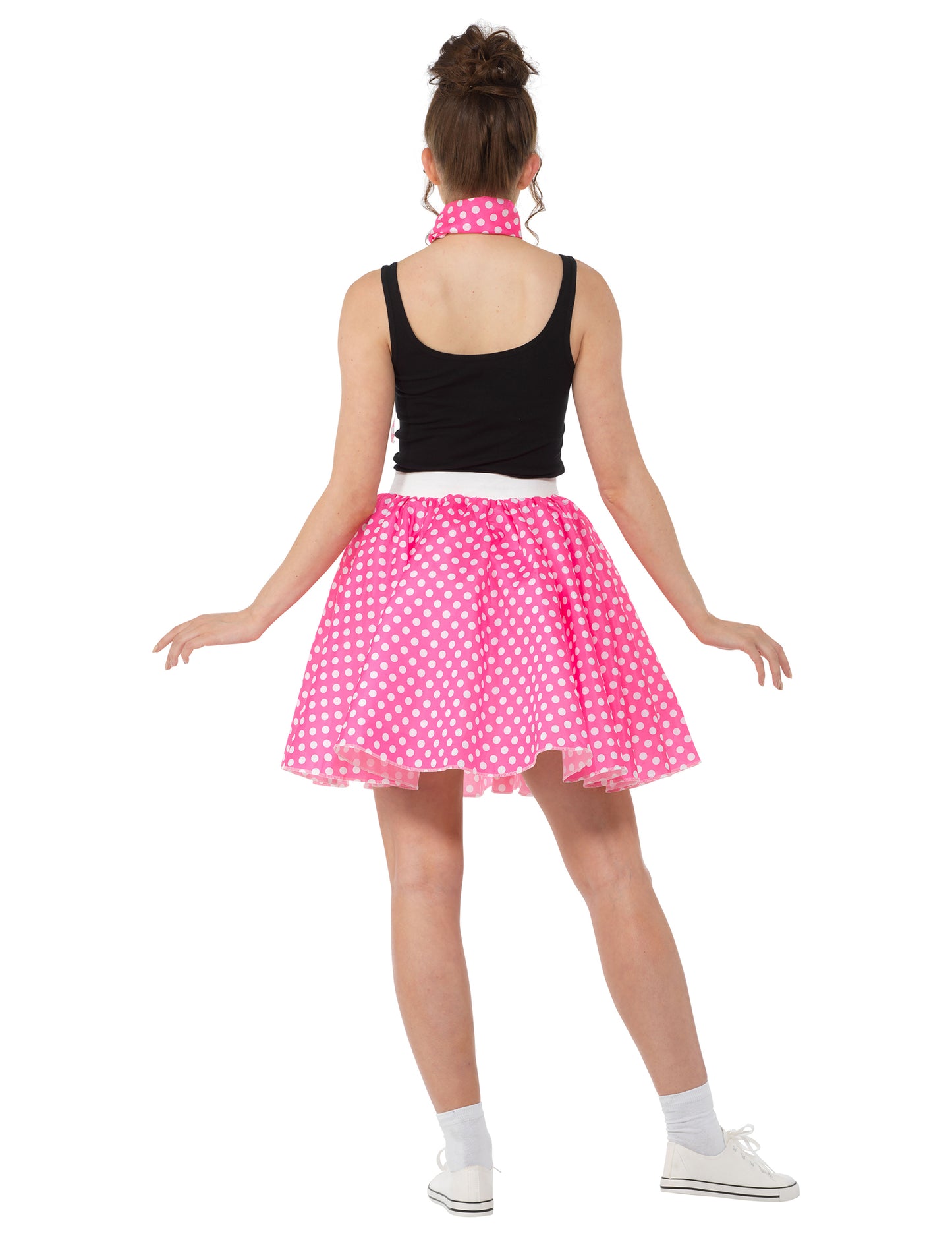 Dámský růžový puntíkovaný kostým z 50. let