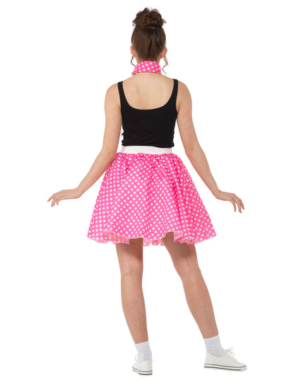 Dámský růžový puntíkovaný kostým z 50. let