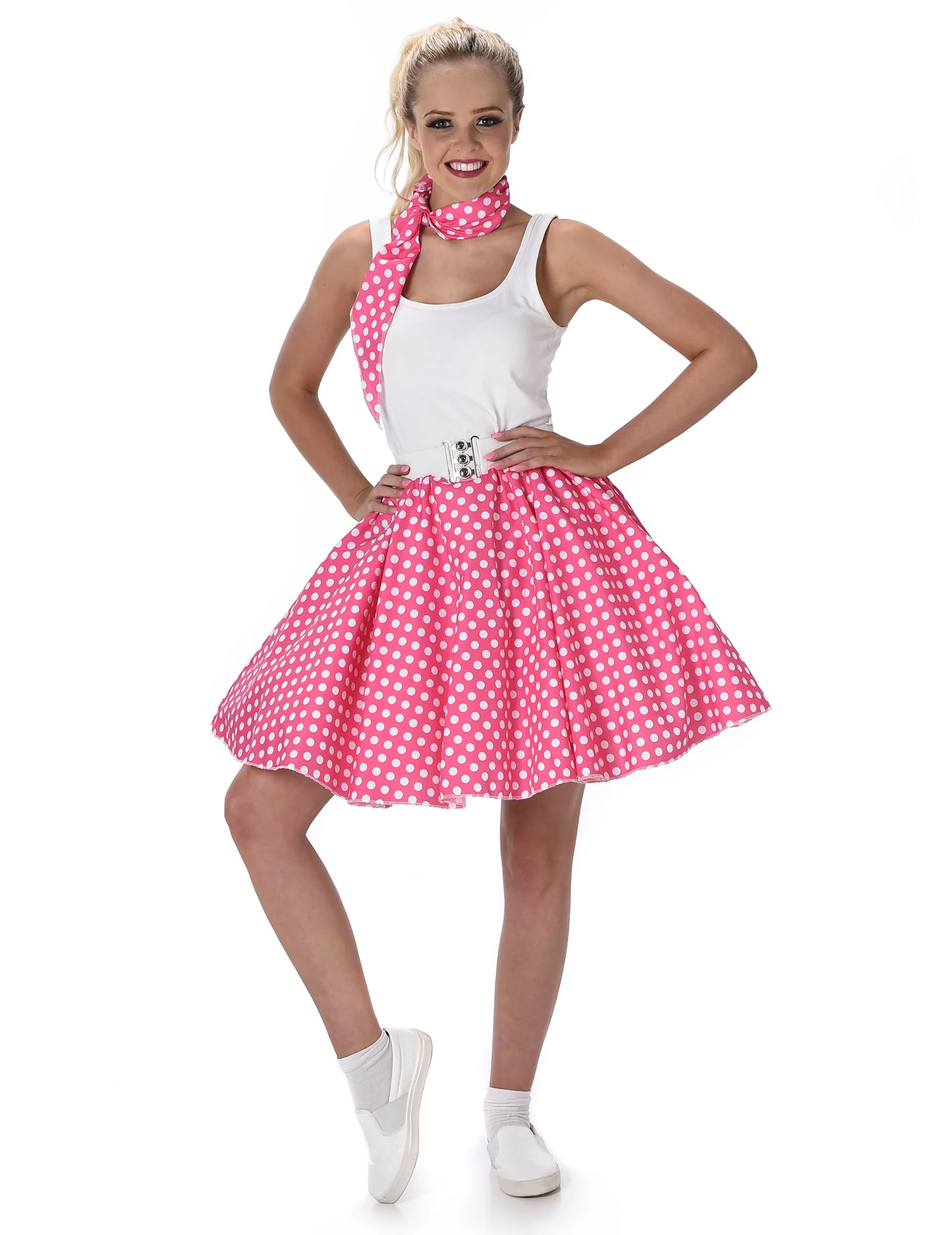 Dámský růžový puntíkovaný kostým z 50. let