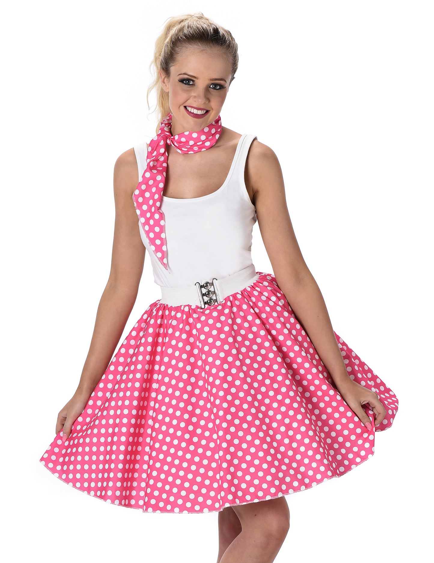 Vue de face avec jupe évasée du déguisement années 50 pour femme rose à pois