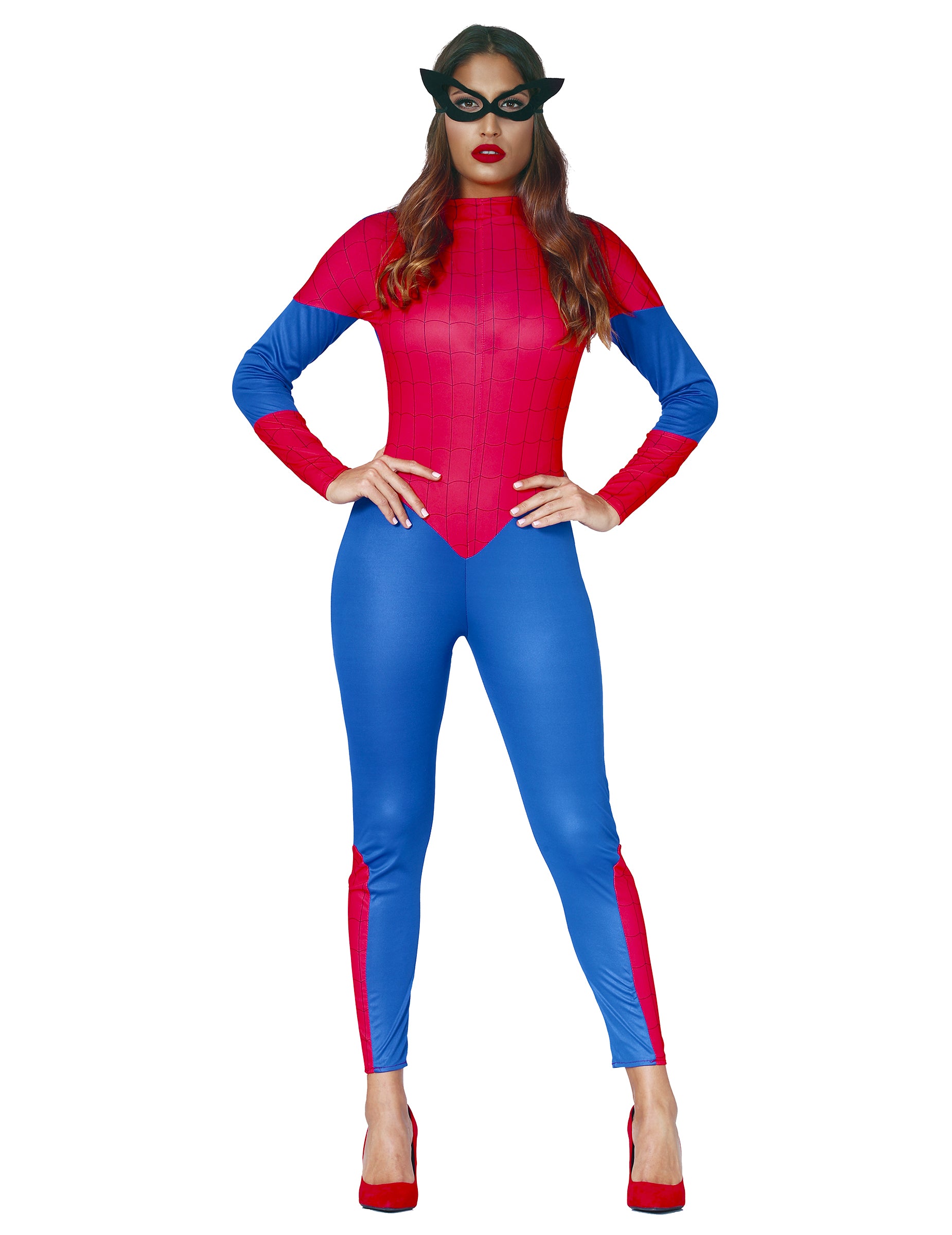 Déguisement d'araignée rouge pour femme rouge et bleu avec masque noir
