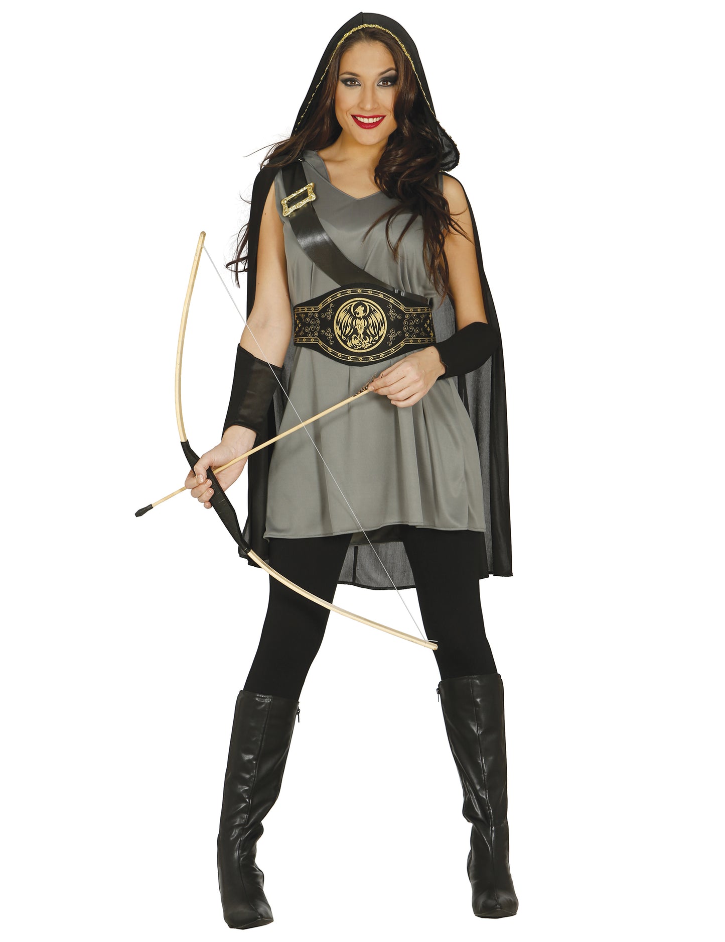 Déguisement d'archer pour femme gris avec cape et arc