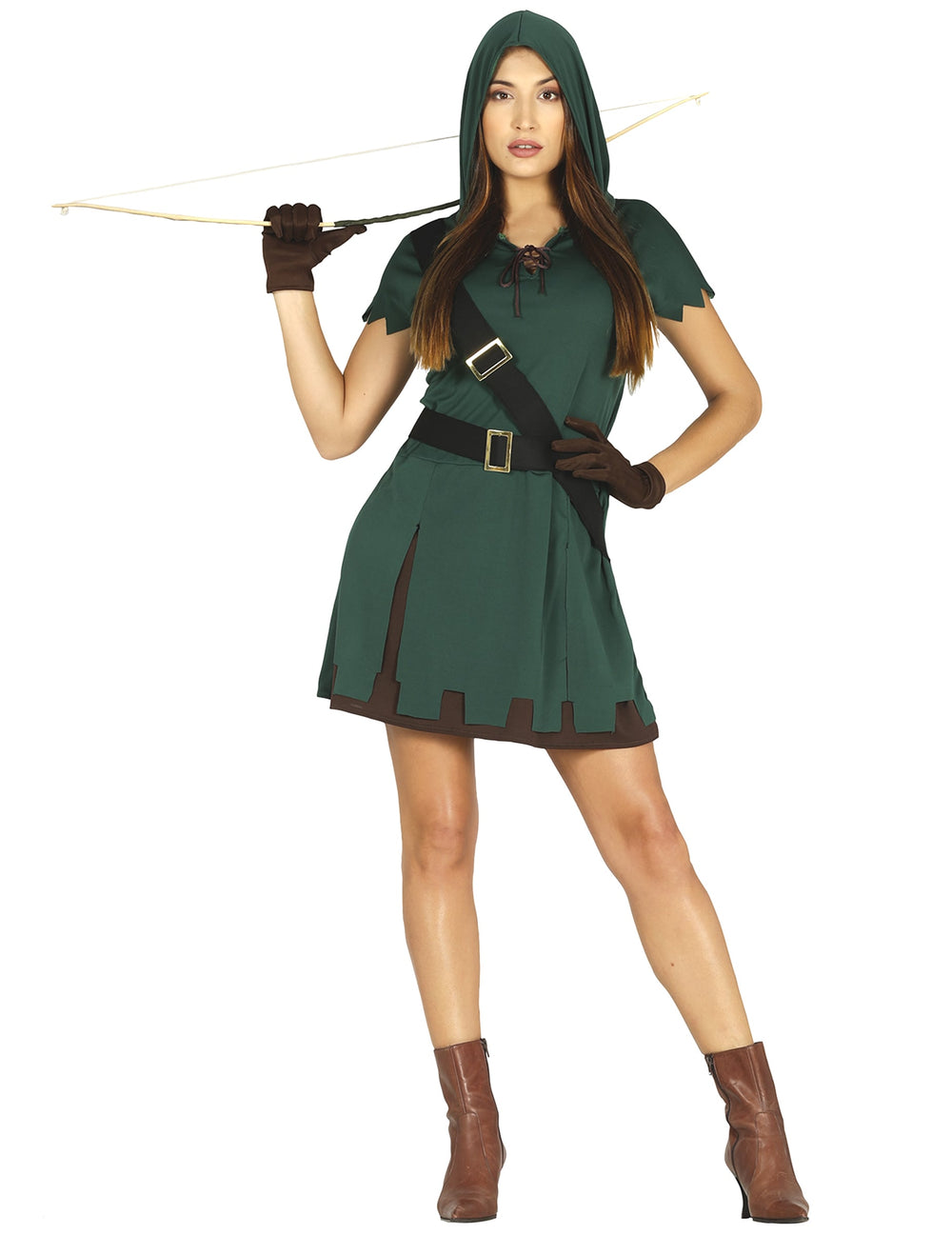 Déguisement d'archer pour femme vert avec capuche et arc