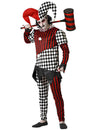 Déguisement Arlequin effrayant pour homme rouge et noir à motifs damier et rayures