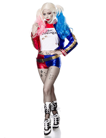 Déguisement arlequin fou sexy luxe pour femme rouge et bleu brillant