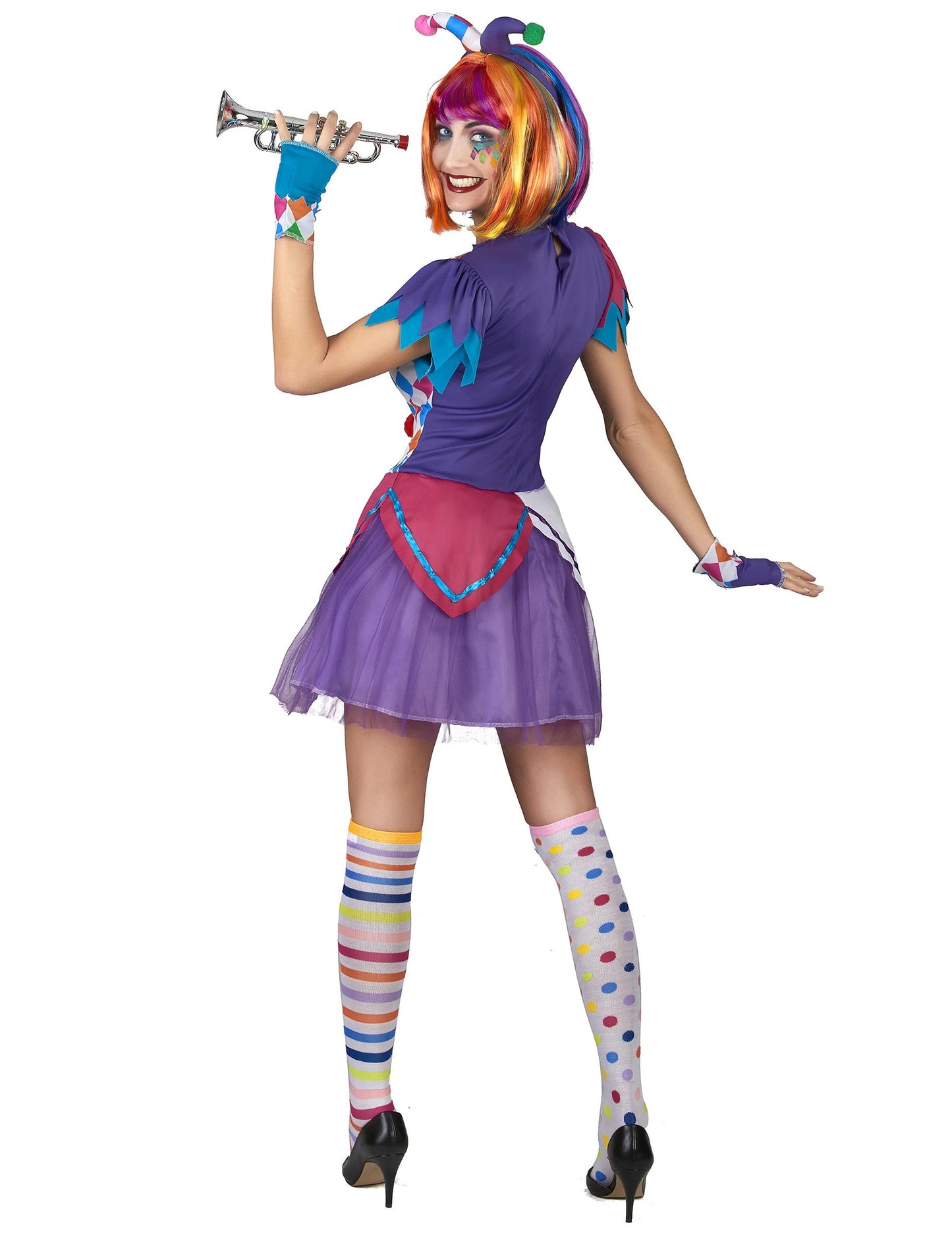 Harlequin kostým barevný pompoms žena