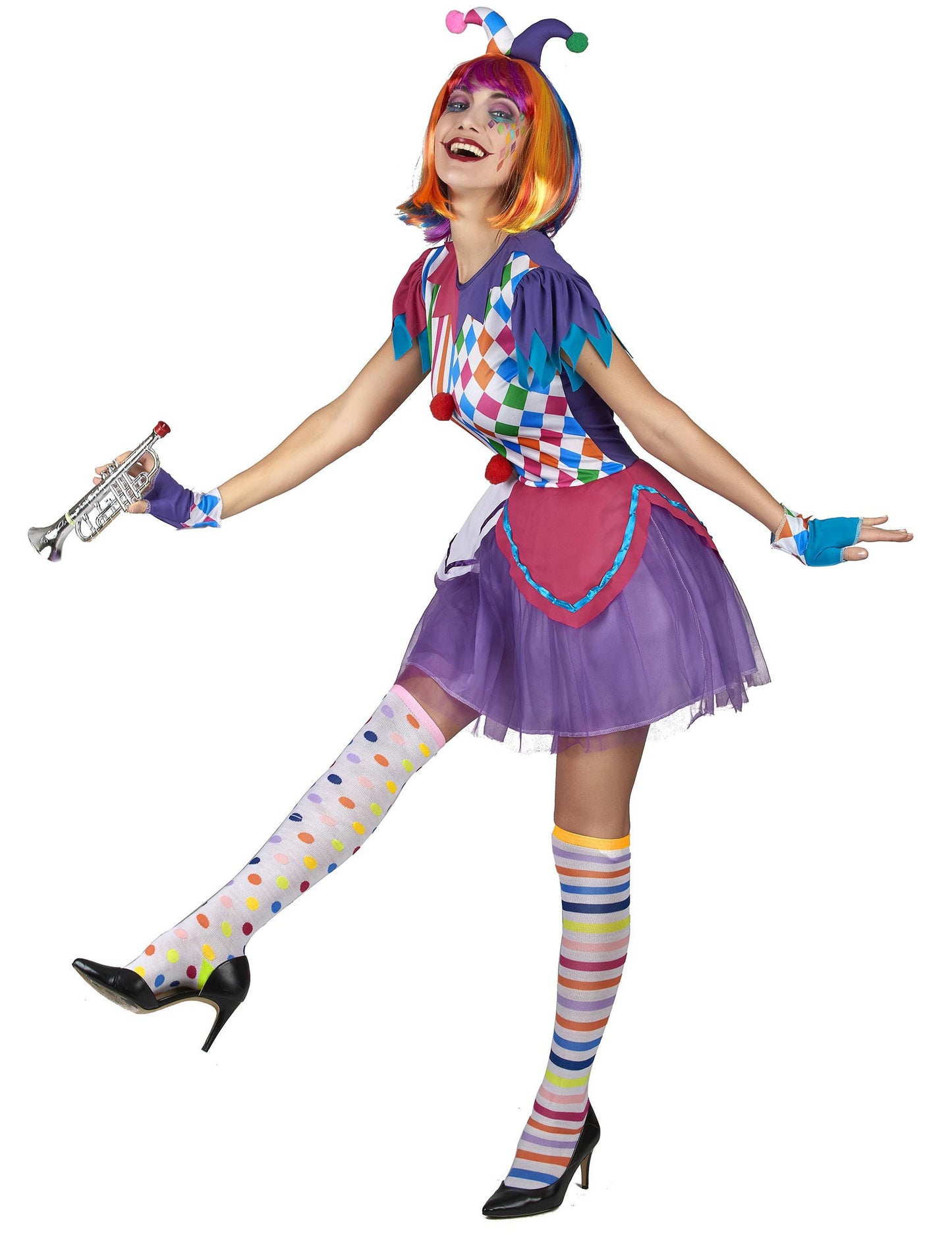 Harlequin kostým barevný pompoms žena
