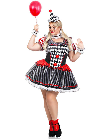 Sexy černobílý kostým harlekýnky pro ženy větších velikostí