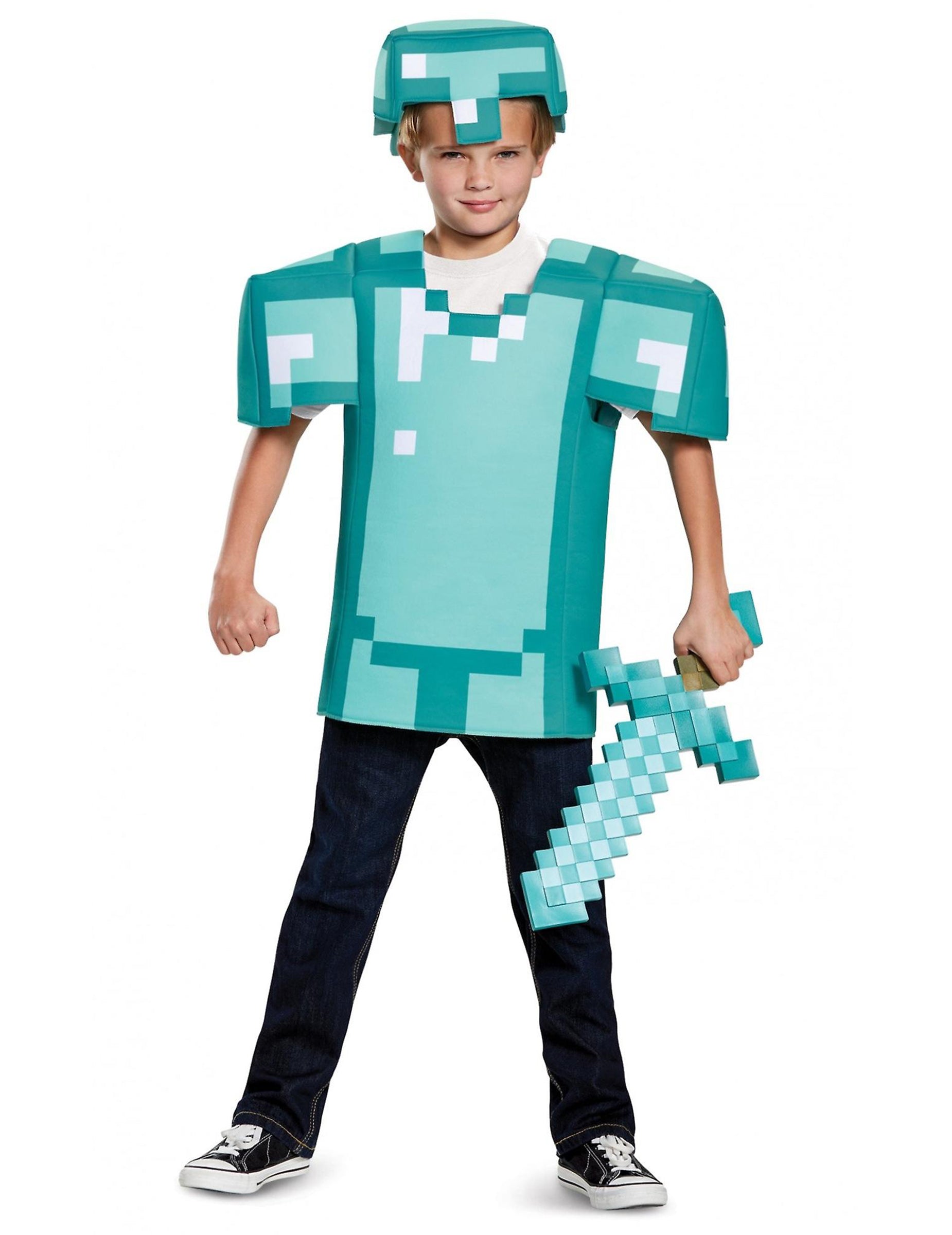 Déguisement armure Minecraft pour enfant bleu turquoise pixelisé avec casque
