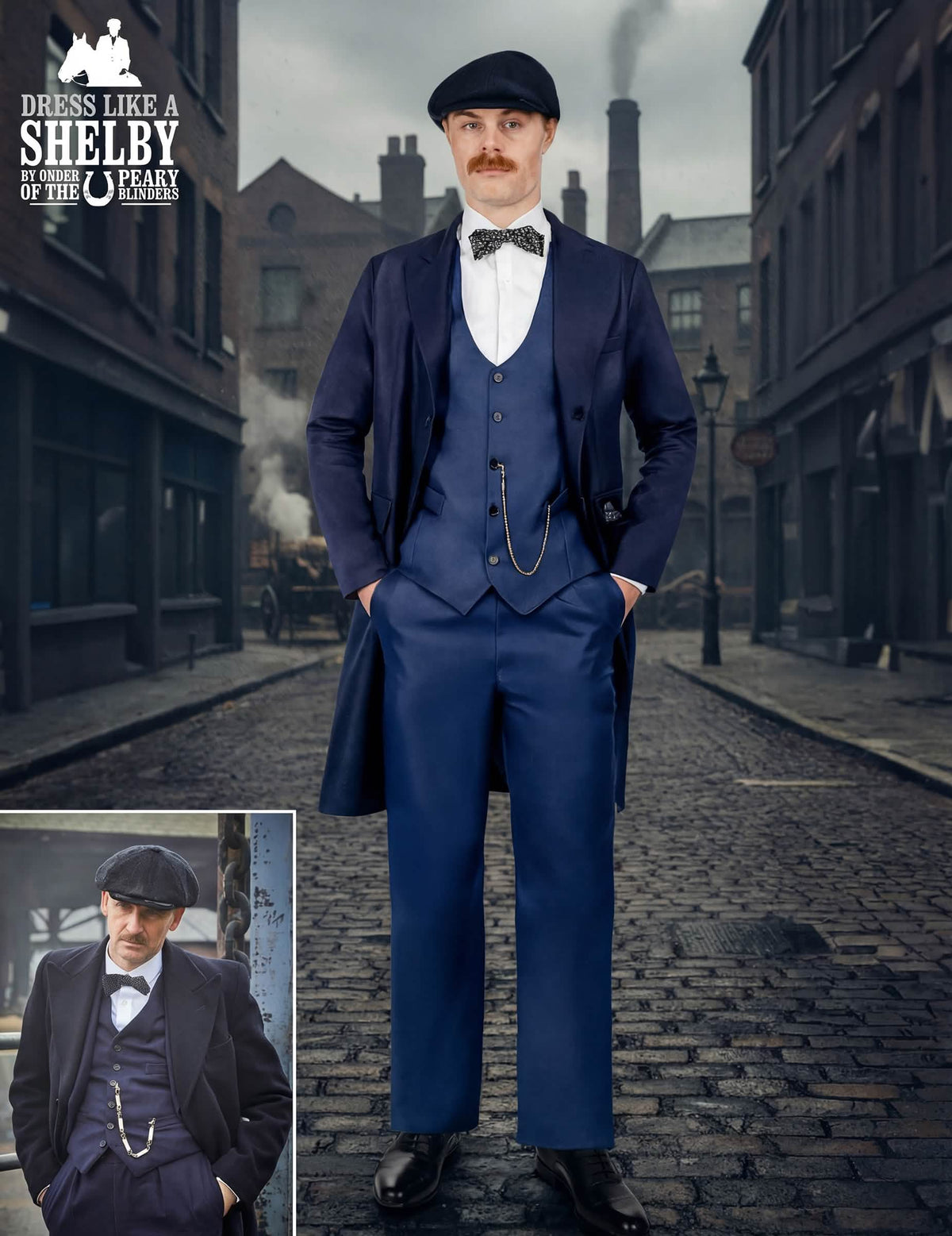Kostým Arthura Shelbyho - Peaky Blinders™ pro muž modrá námořní s dlouhým kabátem a čepicí