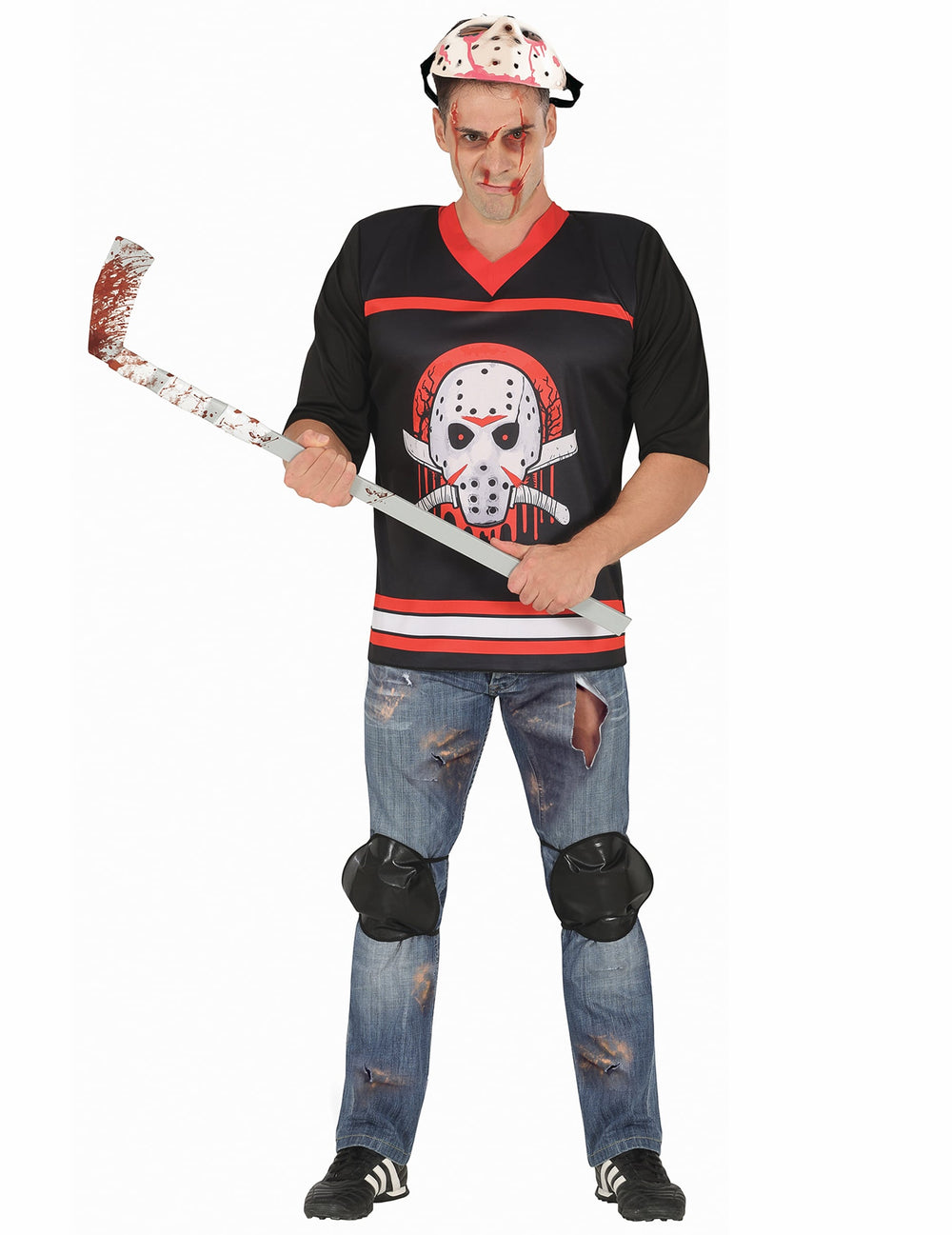 Déguisement d'assassin pour adulte noir et rouge avec crosse de hockey et masque