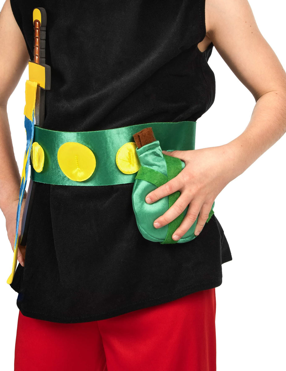 Detail pásku s mečem a lahví kostýmu Astérix pro dítě