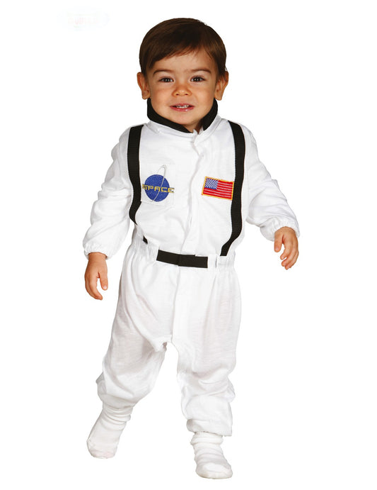 Déguisement astronaute pour bébé blanc avec écussons et bretelles noires