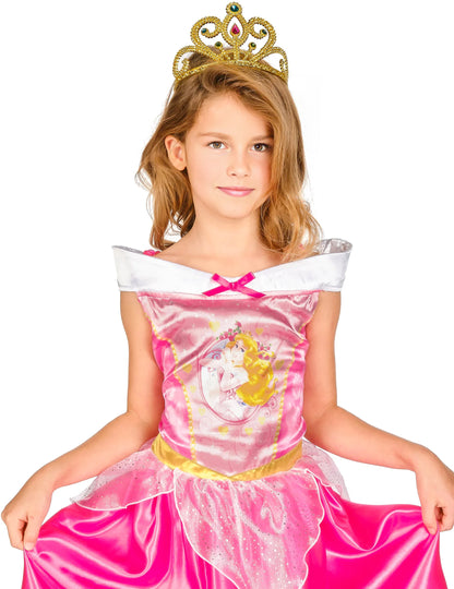 Gros plan sur le diadème doré et le bustier du déguisement Aurore La Belle au bois dormant™