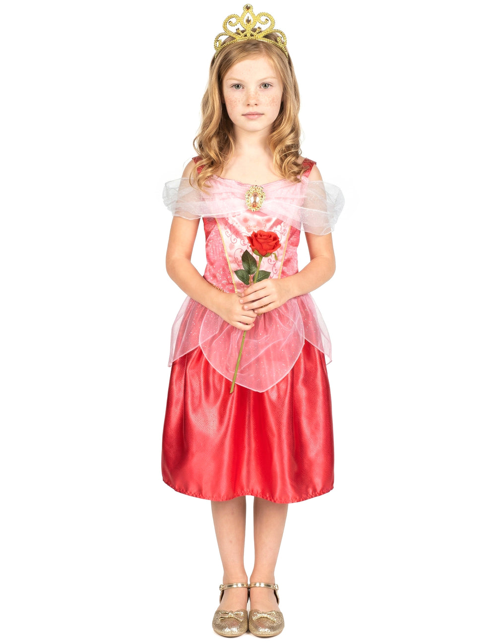 Vue de face avec rose du déguisement Aurore La Belle au bois dormant pour fille