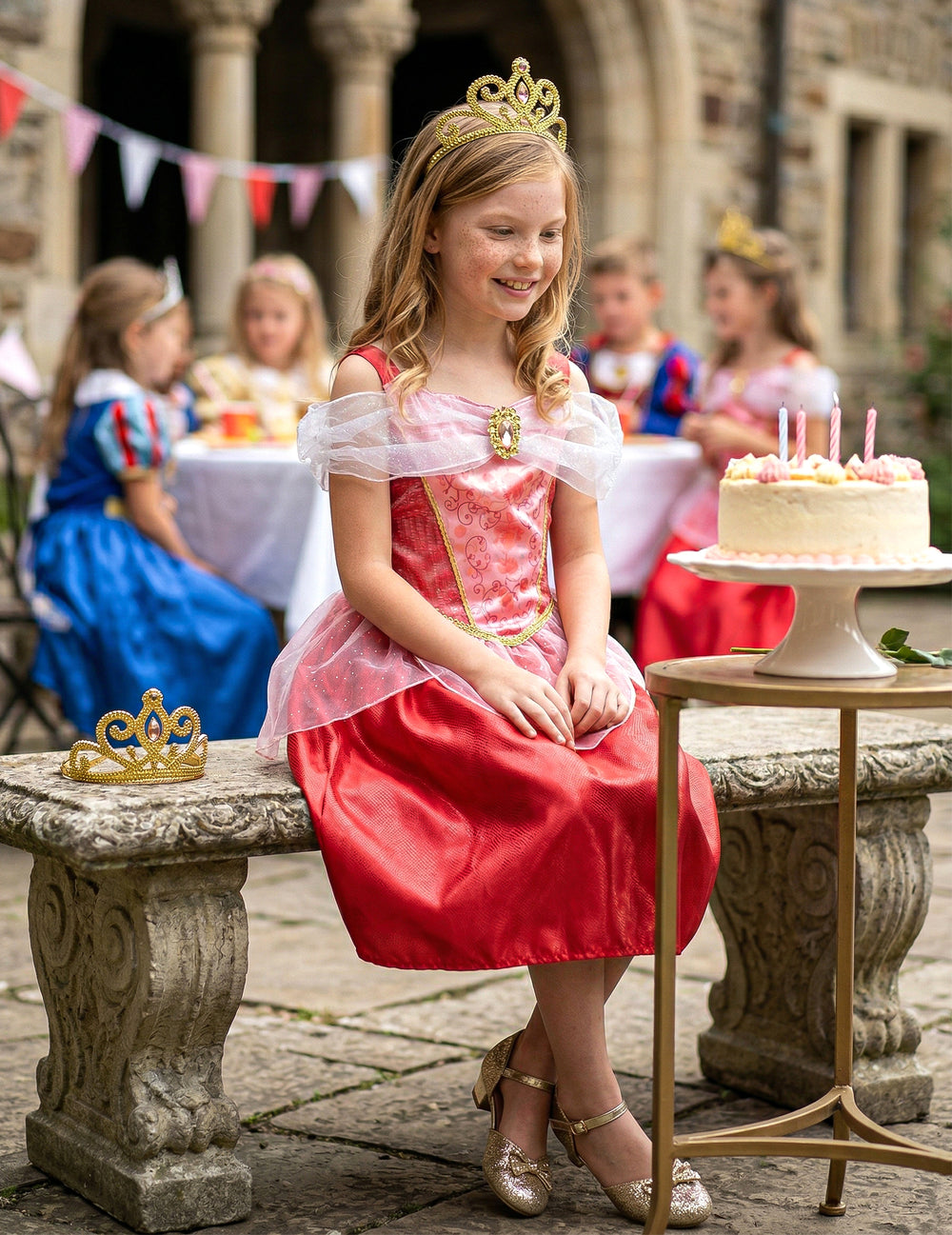 Mise en situation lors d'un anniversaire du déguisement Aurore La Belle au bois dormant pour fille