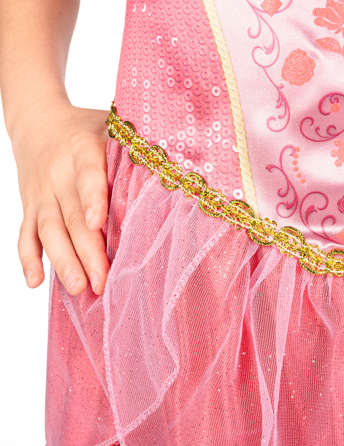 Détail du liseré doré et du tulle à paillettes du déguisement Aurore La Belle au bois dormant