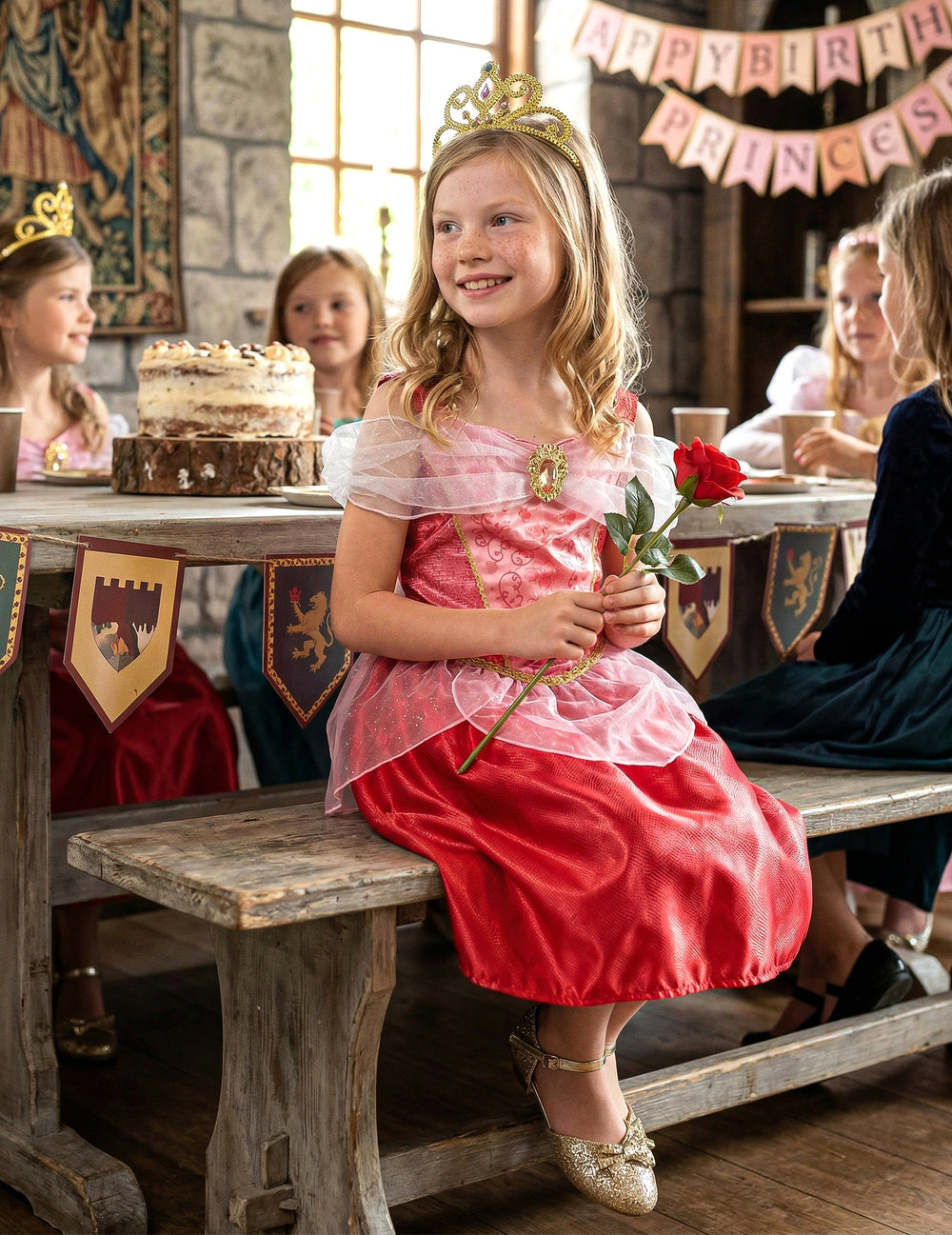 Mise en situation lors d'un anniversaire du déguisement Aurore La Belle au bois dormant pour fille