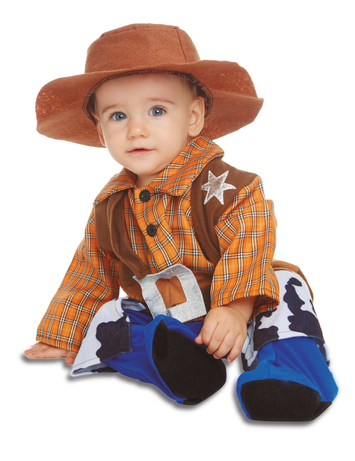 Déguisement avec chapeau cowboy pour bébé orange bleu et marron avec imprimé vache