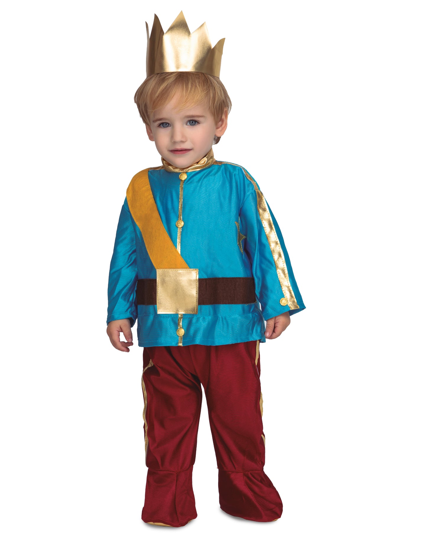 Déguisement avec couronne prince pour bébé bleu et rouge avec détails dorés
