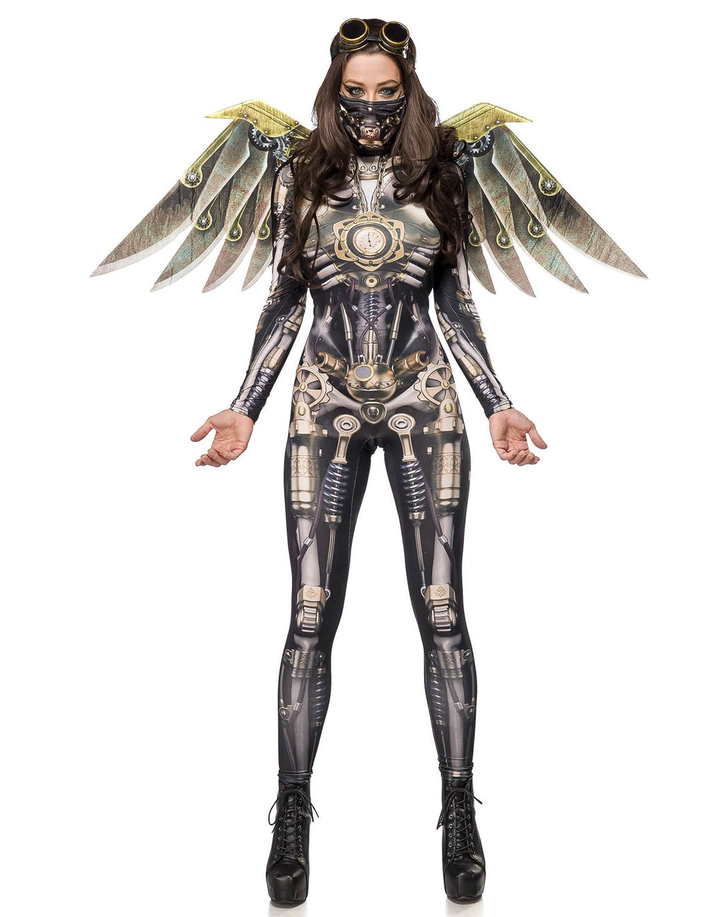 Déguisement aviateur steampunk luxe pour femme gris et doré avec ailes mécaniques
