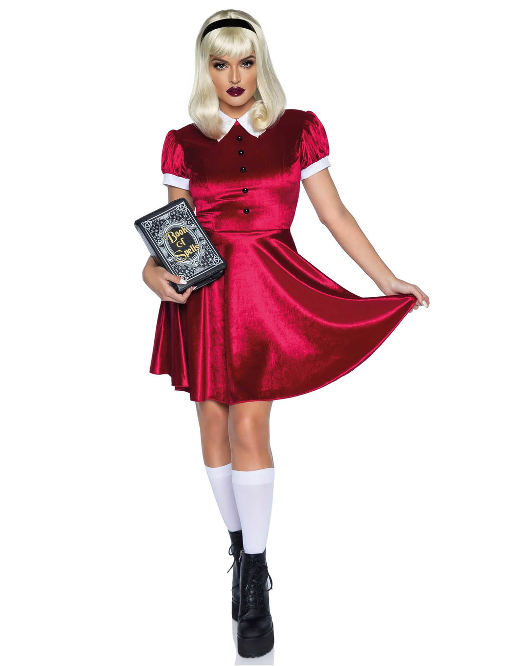 Kostým baby doll pro ženu červená v sametu s bílá límcem