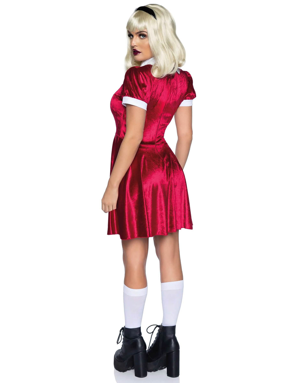 Pohled zezadu na červenou karnevalovou soupravu baby doll