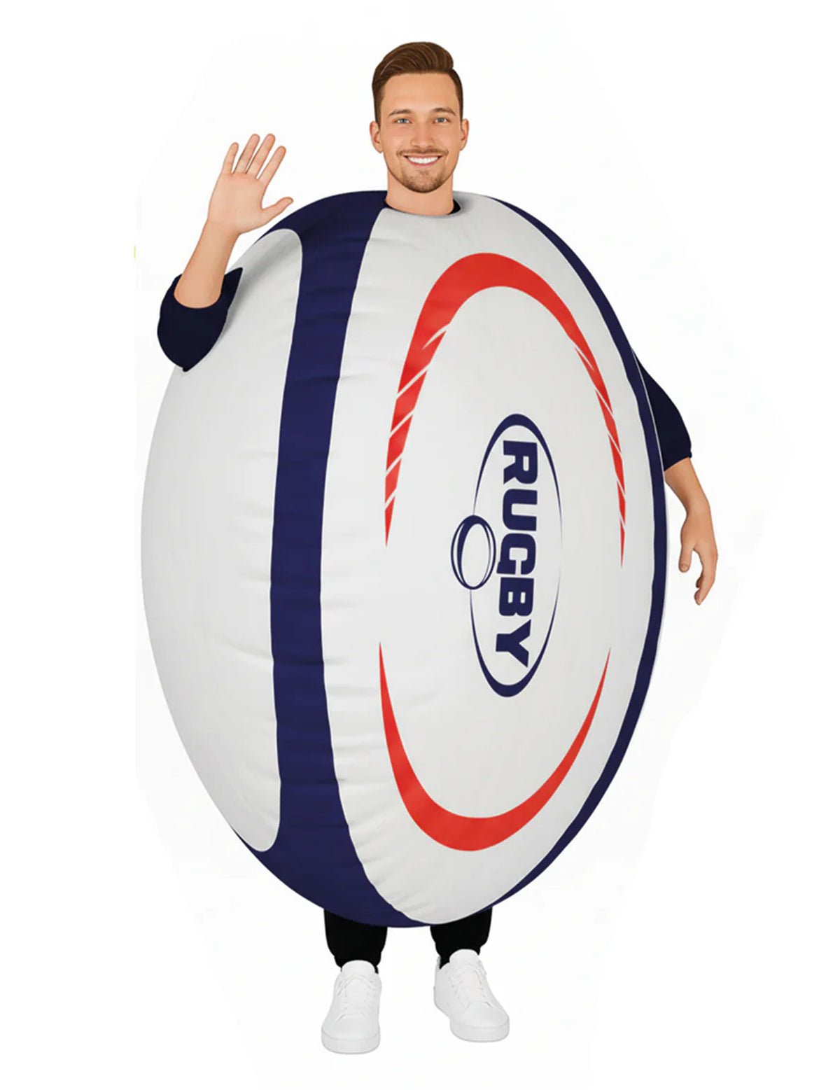 Déguisement ballon de rugby gonflable pour adulte blanc bleu et rouge