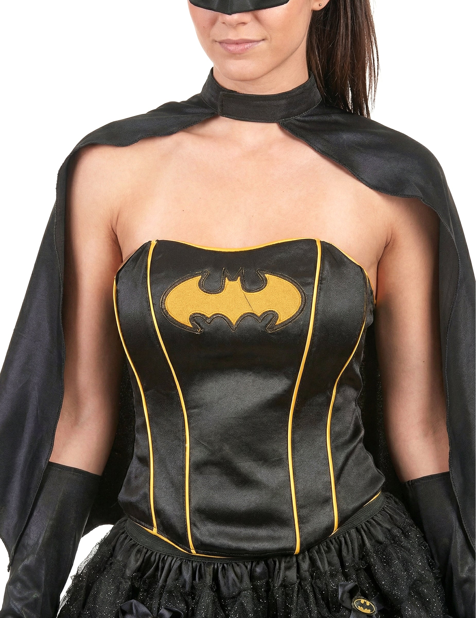 Gros plan sur le bustier et le logo du déguisement Batgirl sexy pour femme