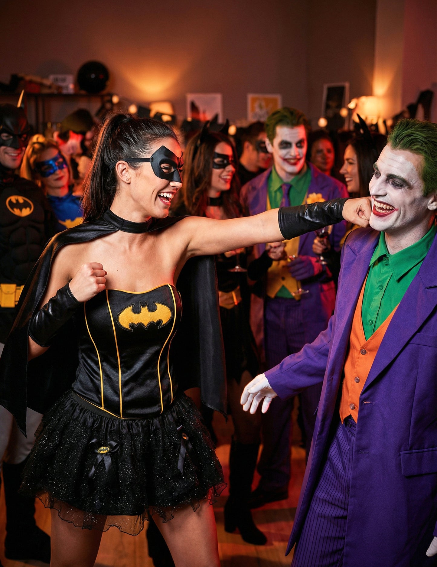 Mise en situation lors d'une fête du déguisement Batgirl sexy pour femme