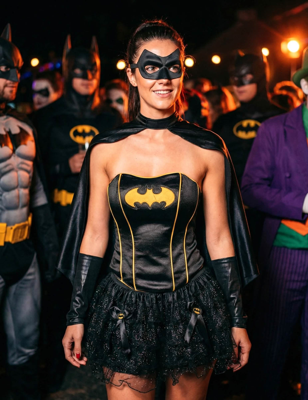 Scénická kompozice obklopená Batmanem v sexy kostýmu Batgirl™ pro ženu