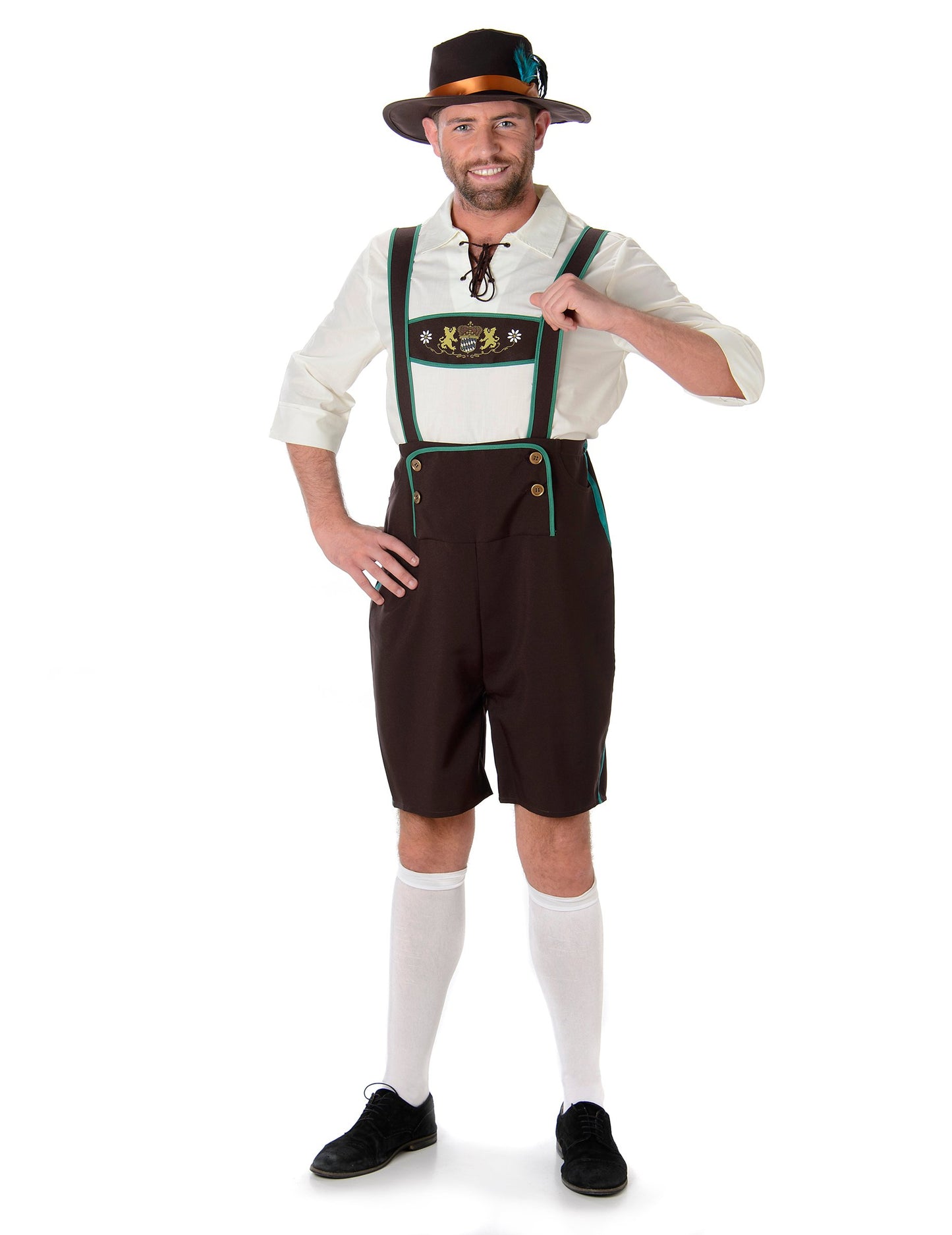 Déguisement bavarois pour homme avec salopette marron et liserés verts
