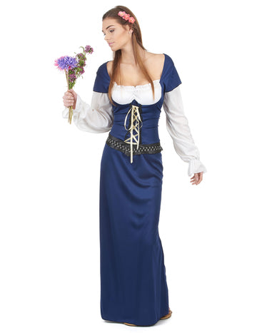 Déguisement de Bavaroise robe longue pour femme bleue et blanche avec corsage lacé