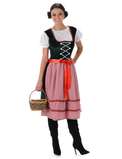Déguisement Bavaroise robe longue pour femme vert et rouge à carreaux