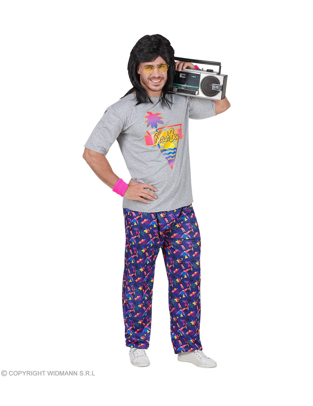 Pohled zepředu s radiomagnetofonem na rameni kostýmu beach boy z 80. let pro muž