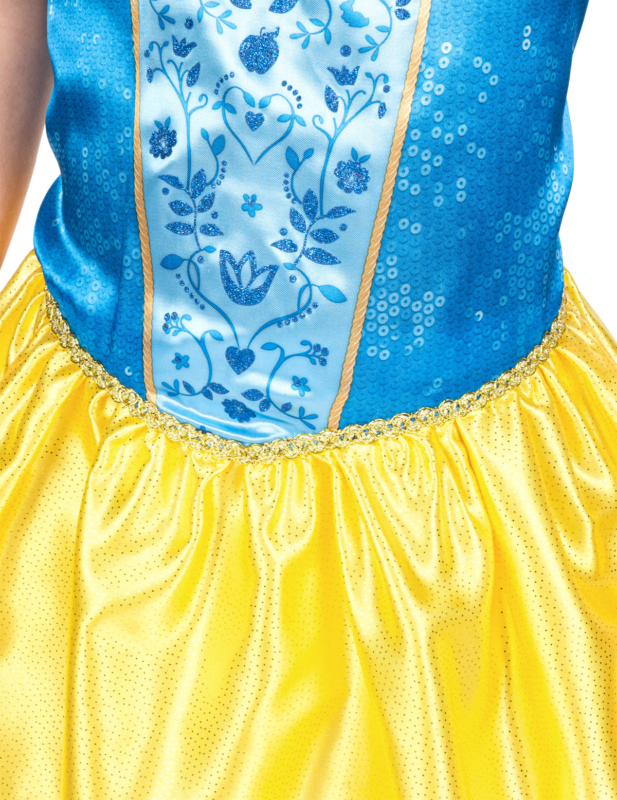 Gros plan sur les motifs et sequins du bustier du déguisement Blanche Neige™ classique