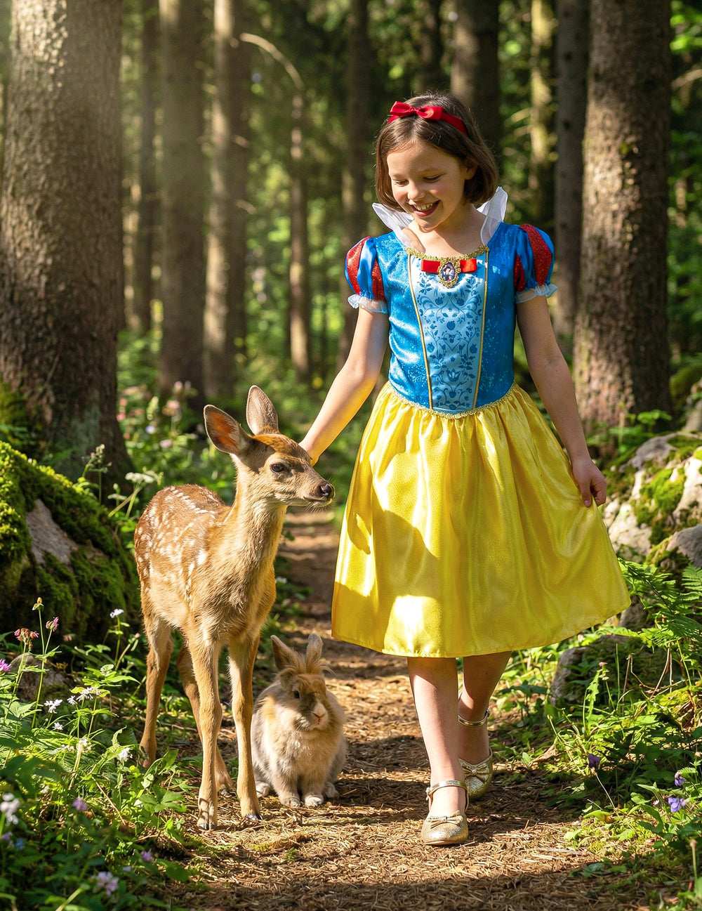 Mise en situation en forêt avec des animaux du déguisement Blanche Neige™ classique