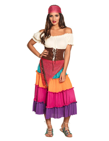 Déguisement de bohémienne pour femme multicolore avec jupe à volants et corset marron