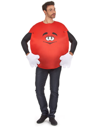 Déguisement bonbon pour adulte rouge avec visage et gants blancs