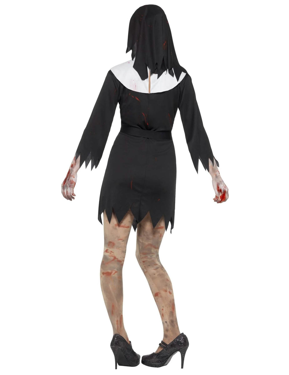 Pohled zezadu na dámský zombie kostým jeptišky