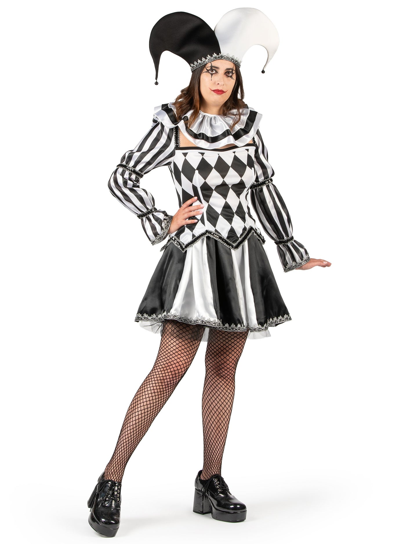 Luxusní dámský kostým ďábelského šaška v černobílé 