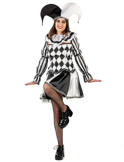 Luxusní dámský kostým ďábelského šaška v černobílé 