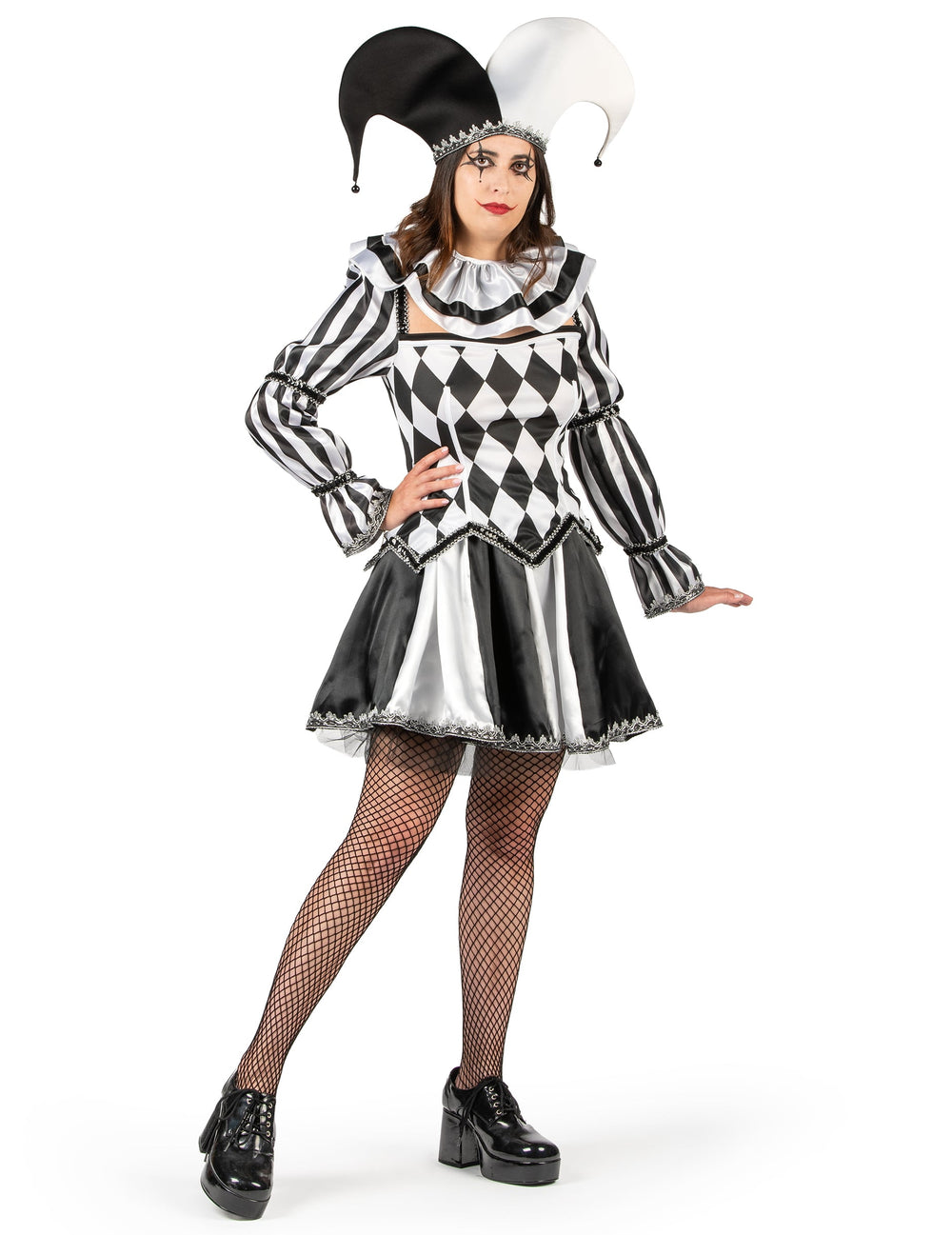 Vue de trois-quarts du déguisement de bouffon diabolique pour femme noir et blanc luxe